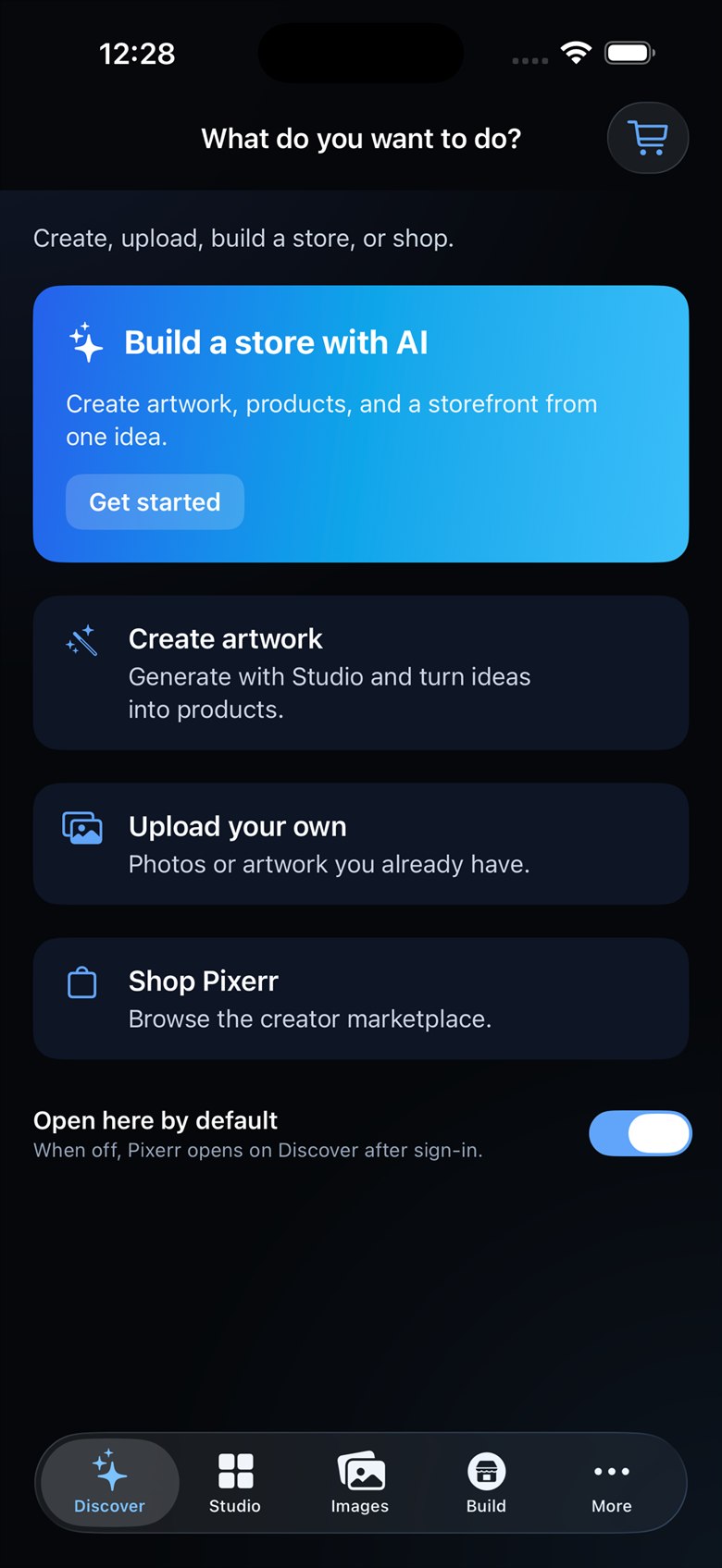 Pixerr iPhone home: choose build a store with AI, create artwork, upload, or shop