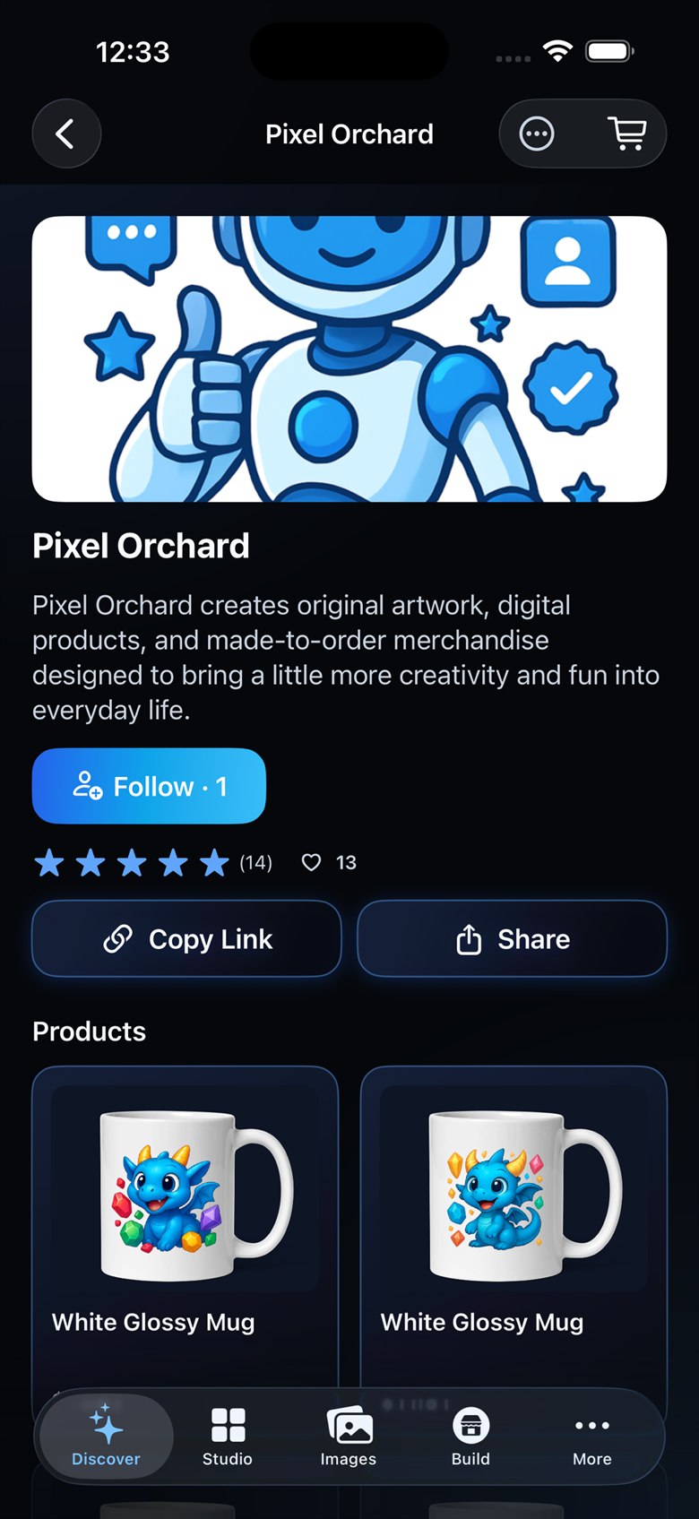 Pixerr creator storefront on iPhone, showing Pixel Orchard products