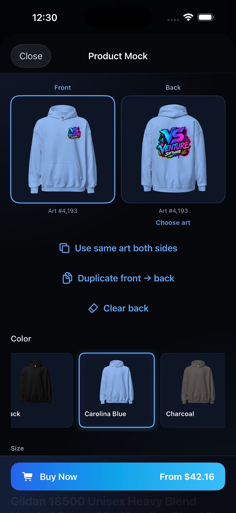 Pixerr product mock on iPhone with hoodie front and back views